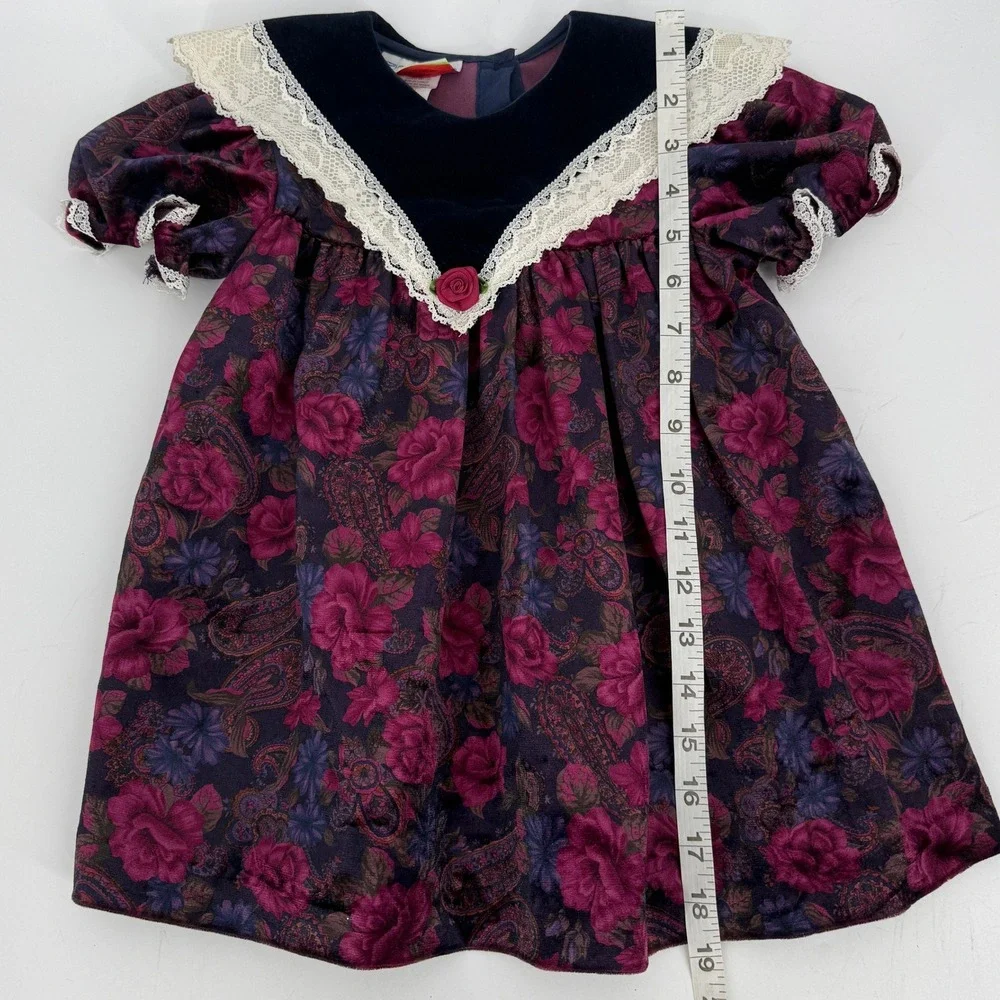 Piccolo Vintage 90s Girl's Paisley Floral Velour Collar Dress 3T‎